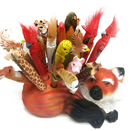 Hand Carved & Painted Wood Animal  Pen Holder  Fox