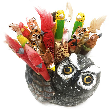 Hand Carved & Painted Wood Animal  Pen Holder  Owl