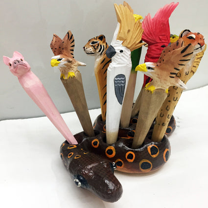 Hand Carved & Painted Wood Animal  Pen Holder  Snake