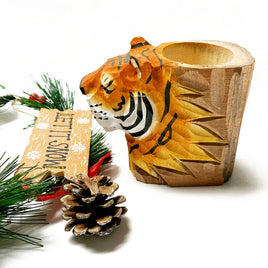 Hand Carved & Painted Wood Animal  Pen Holder  Tiger