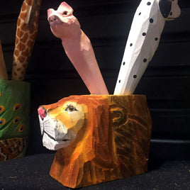 Hand Carved & Painted Wood Animal  Pen Holder   Lion