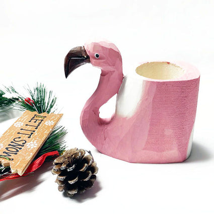 Hand Carved & Painted Wood Animal  Pen Holder  Pink Flamingos