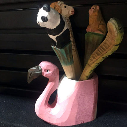 Hand Carved & Painted Wood Animal  Pen Holder  Pink Flamingos