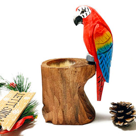 Hand Carved & Painted Wood Animal  Pen Holder   Red parrot